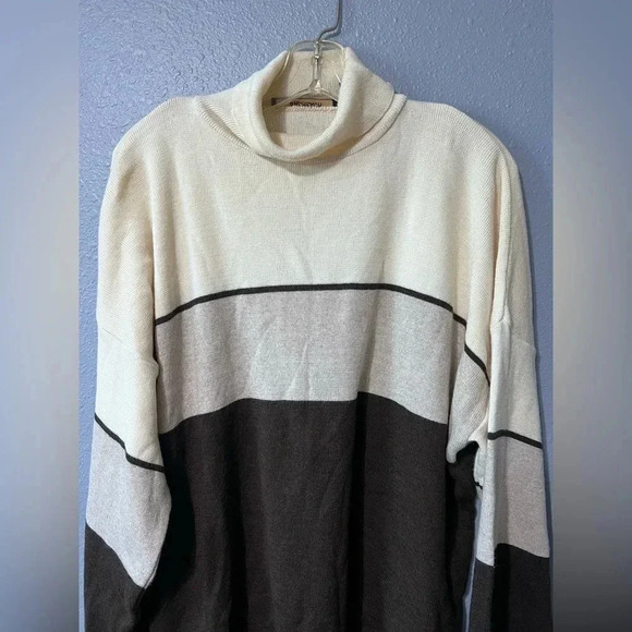 Vintage Bachrach Mock Neck Wool Sweater Long Sleeve Brown/Cream Sz Large Men USA - Picture 3 of 5